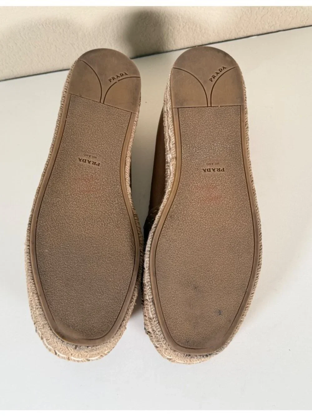 PRADA Women's Napa Leather Peep Toe Platform Espadrilles Naturale Tan - Picture 12 of 13